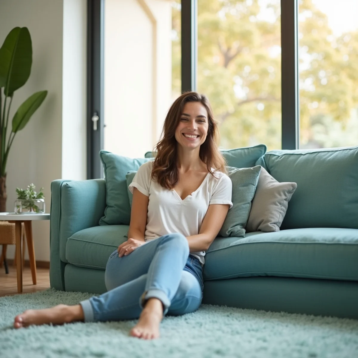 Happy SurfaceTech customer relaxing in a clean Fresno home