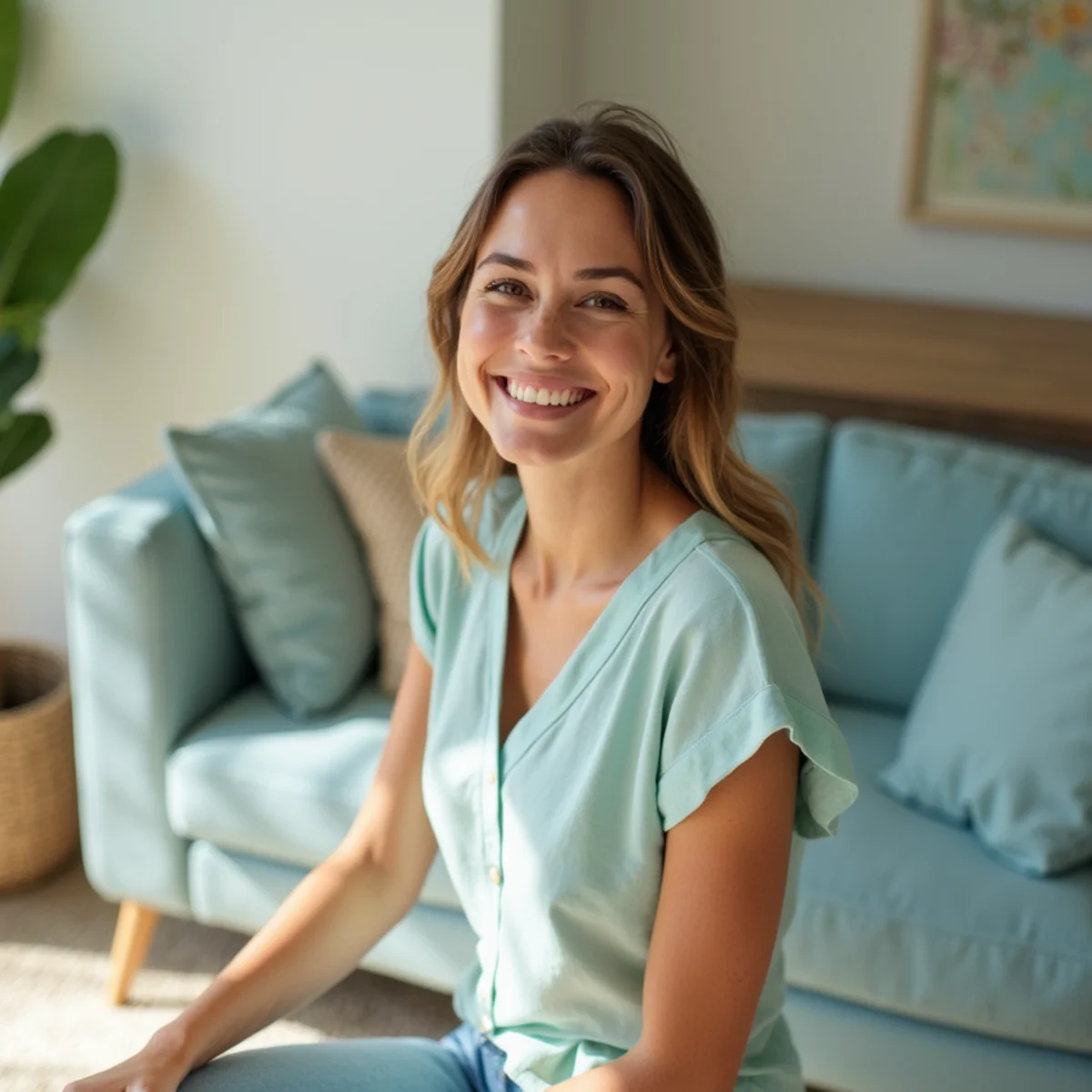 A happy homeowner in a clean Fresno living room