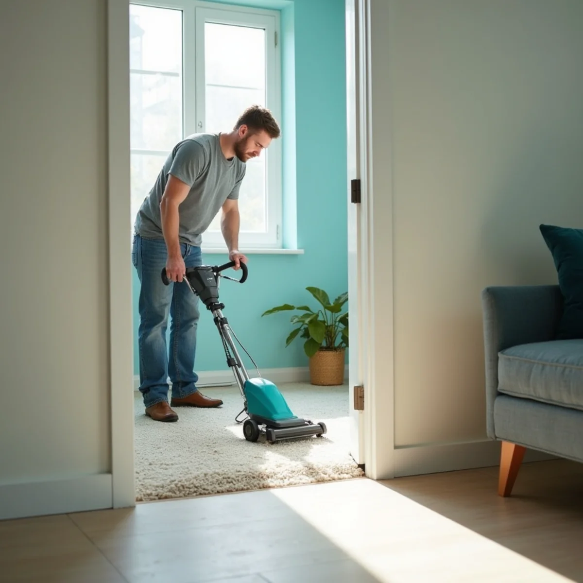 Carpet repair and reinstallation work in an empty room in Fresno, CA
