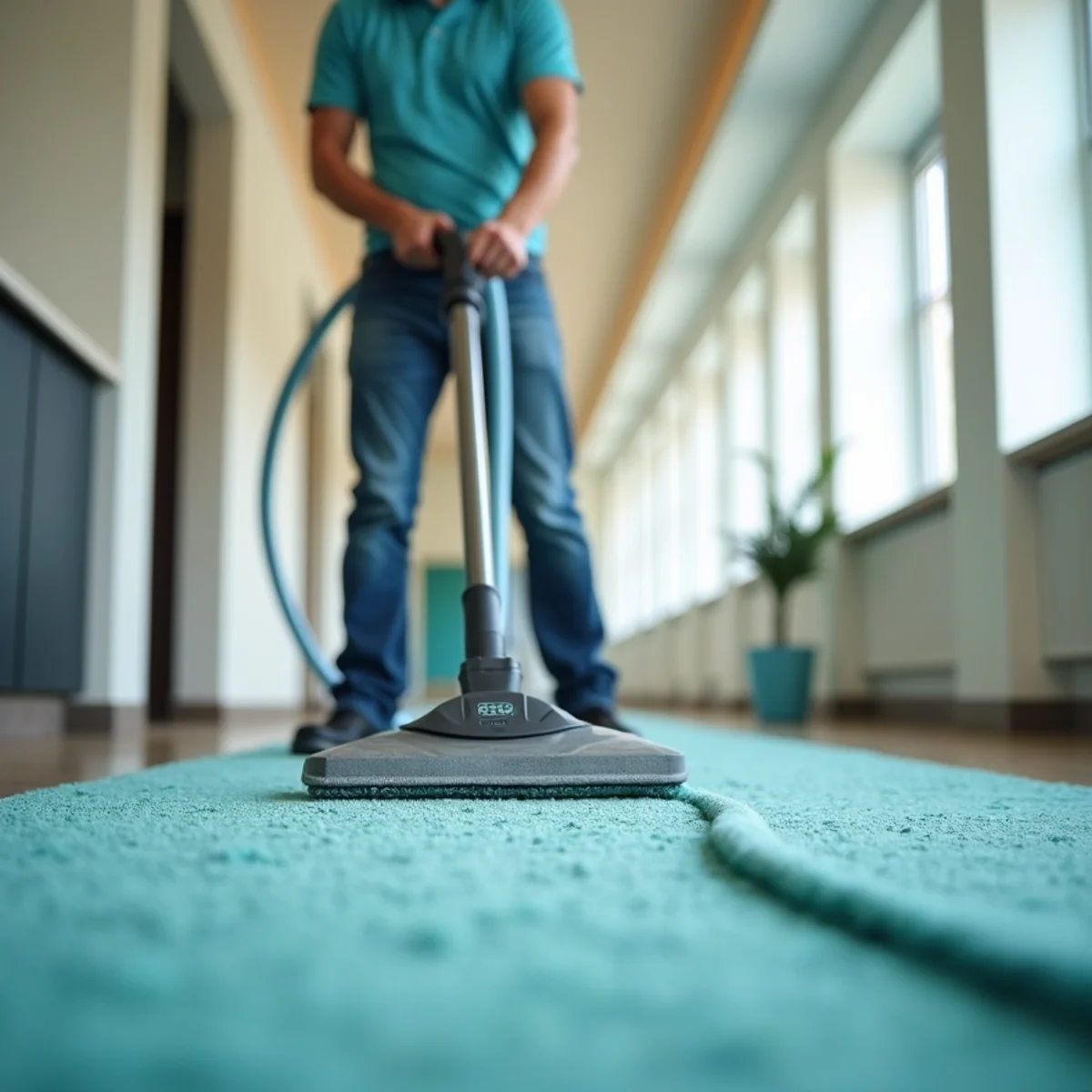 Commercial carpet cleaning in a long office hallway in Fresno, CA