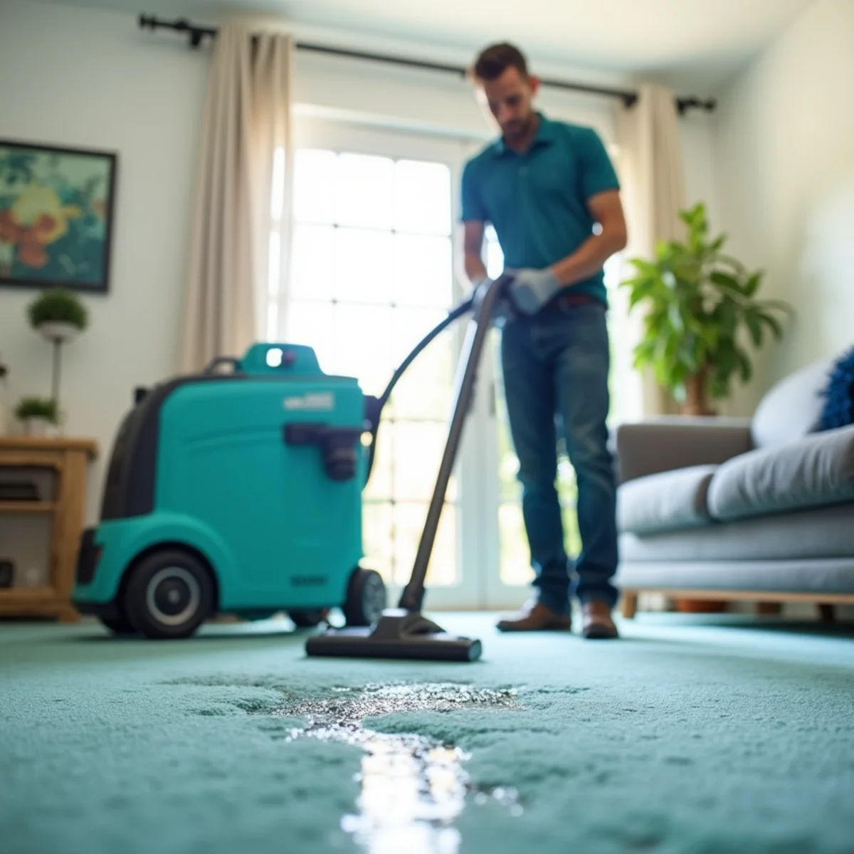 Water-damaged carpet extraction and drying in a Fresno, CA home